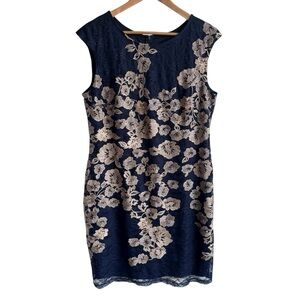 Joseph Ribkoff Floral Lace Cocktail Dress Sz 16 Navy Gold Party Event Classy EUC